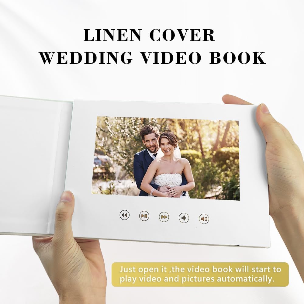 MEMORIES - GOLD FOIL Luxury Linen Bound wedding Video Book wedding Album Up to 3 hours of video, 7” IPS Display, 4GB of memory & Rechargeable Battery (MEMORIES)