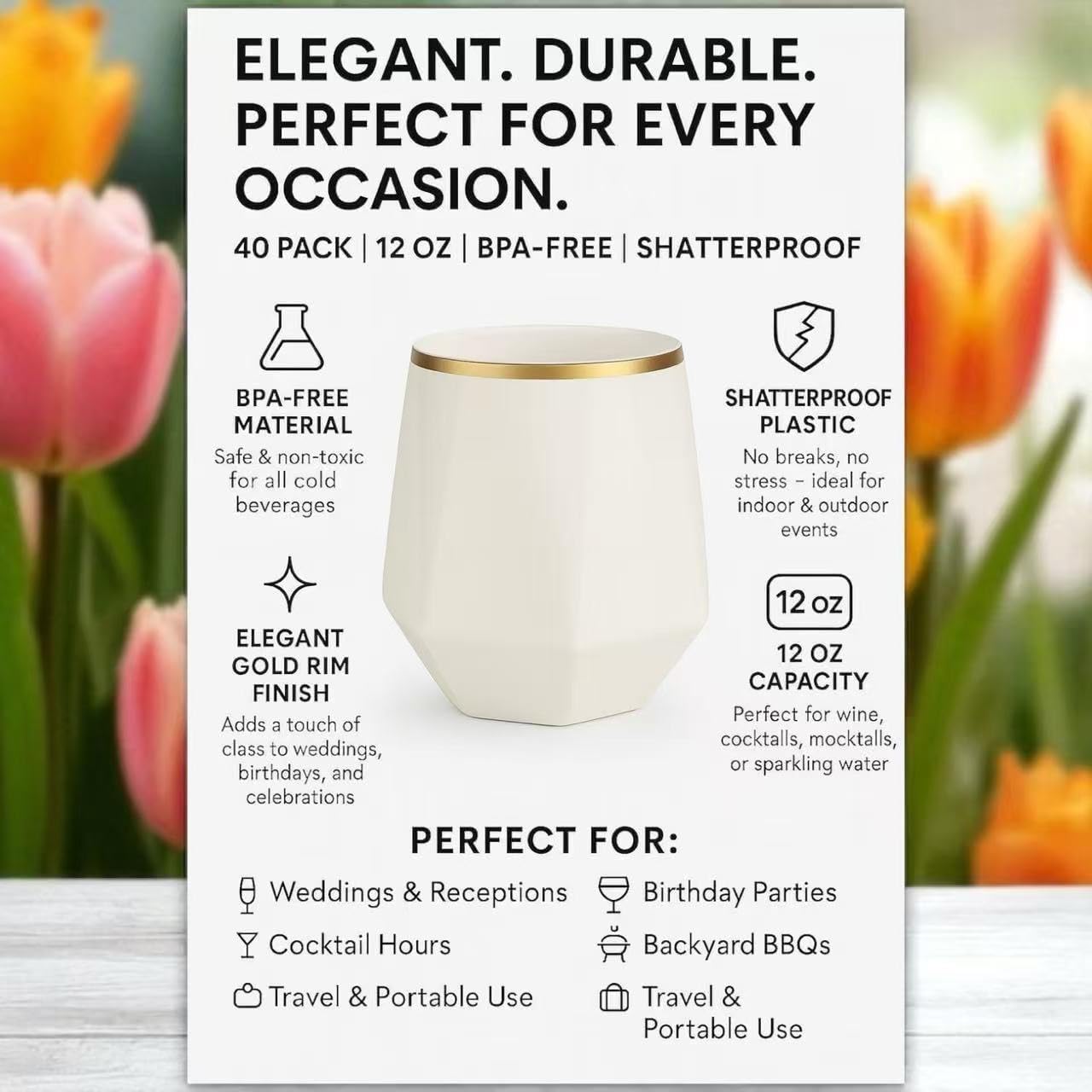 40 count Diamond Unbreakable Stemless Plastic Wine Champagne Whiskey Glasses Elegant Durable Disposable Indoor Outdoor Ideal for Home, Office, Bars, Wedding, 12 Ounce Cups (Diamond White Matte Gold)