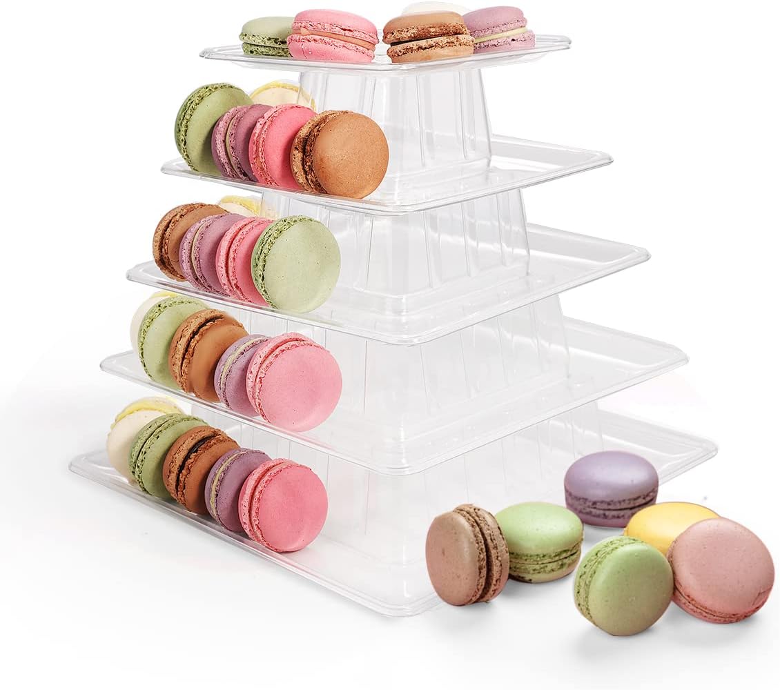 5 Tiers Square Macaron Tower Stand, Plastic Transparent Cake Stand Macaroon Display Rack Desserts Cupcake Holder Platter for Wedding, Birthday Party, Baby Shower, Party Decor