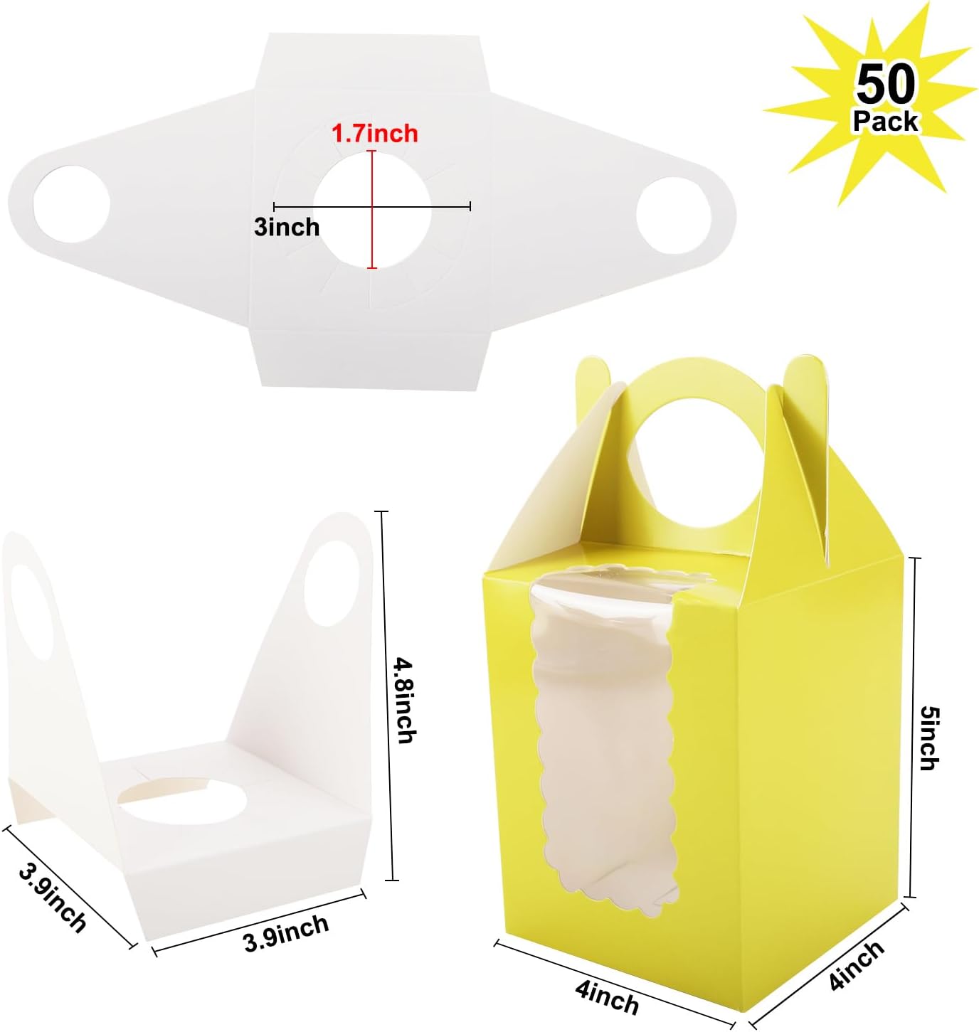 Individual Cupcake Boxes 4x4x5 Inches Disposable Pastry Tray Boxes, With Window Insert and Handle, Perfect for Parties, Birthdays, Bakery Wrapping and Events Containers (Yellow-50Pack)