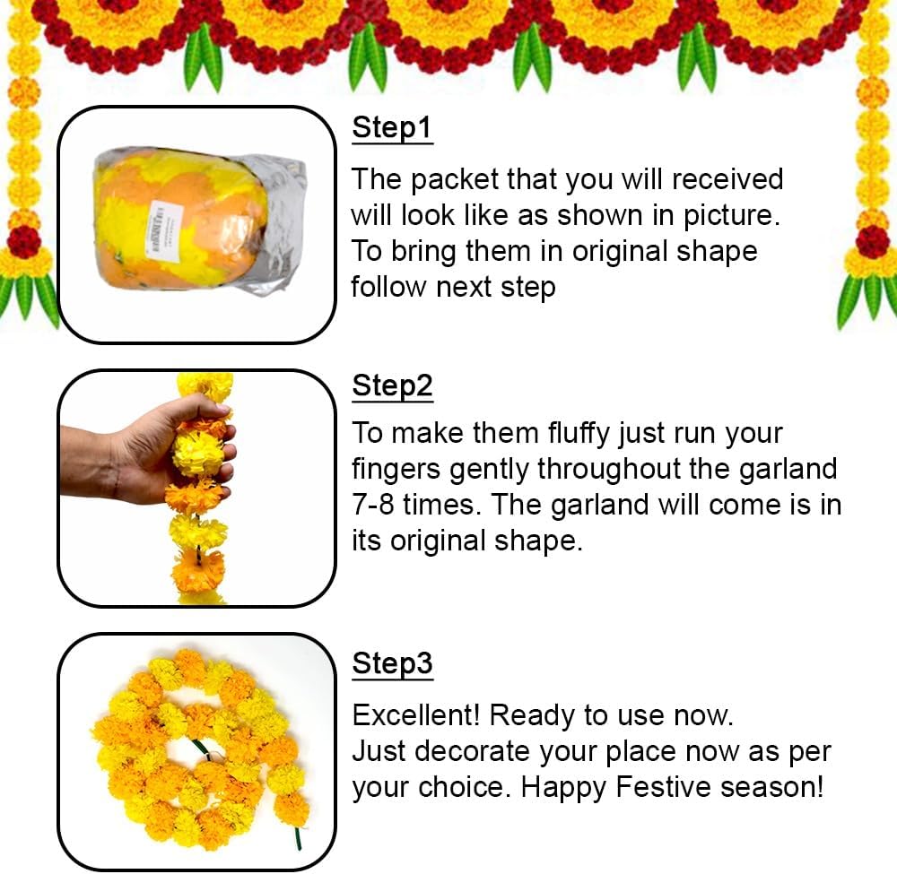 Marigold Garland for Diwali Decorations Pack of 5 - Marigold Artificial Flowers, Indian Marigold Flower Garland for Diwali Decorations (Light Orange Light Yellow | 4 to 4.5 ft) Hashcart®
