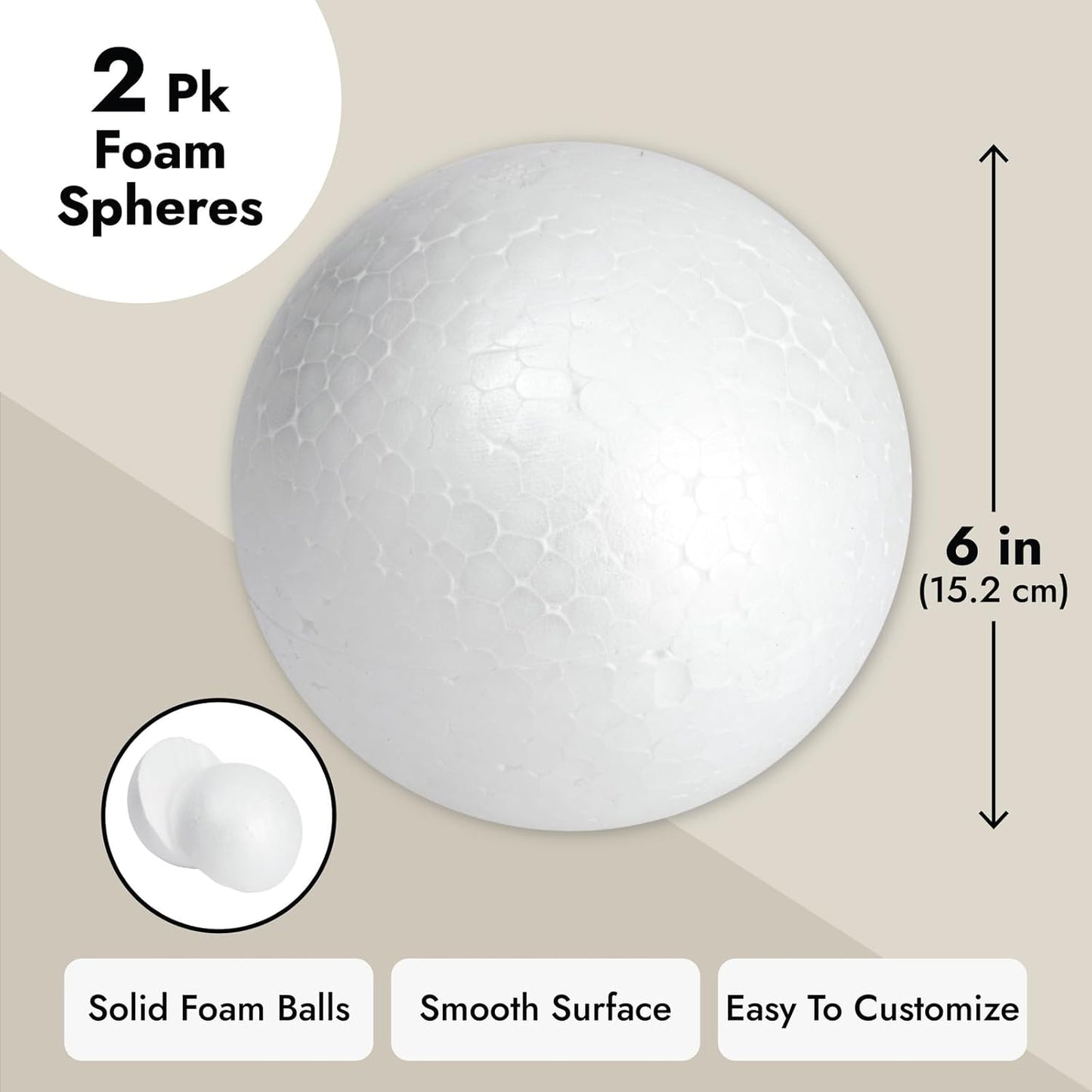 Juvale Styrofoam Balls - 6-Inch, White, Pack of 2 - Smooth Foam Spheres for Crafts & Painting - Foam Craft Balls & DIY Project Supplies