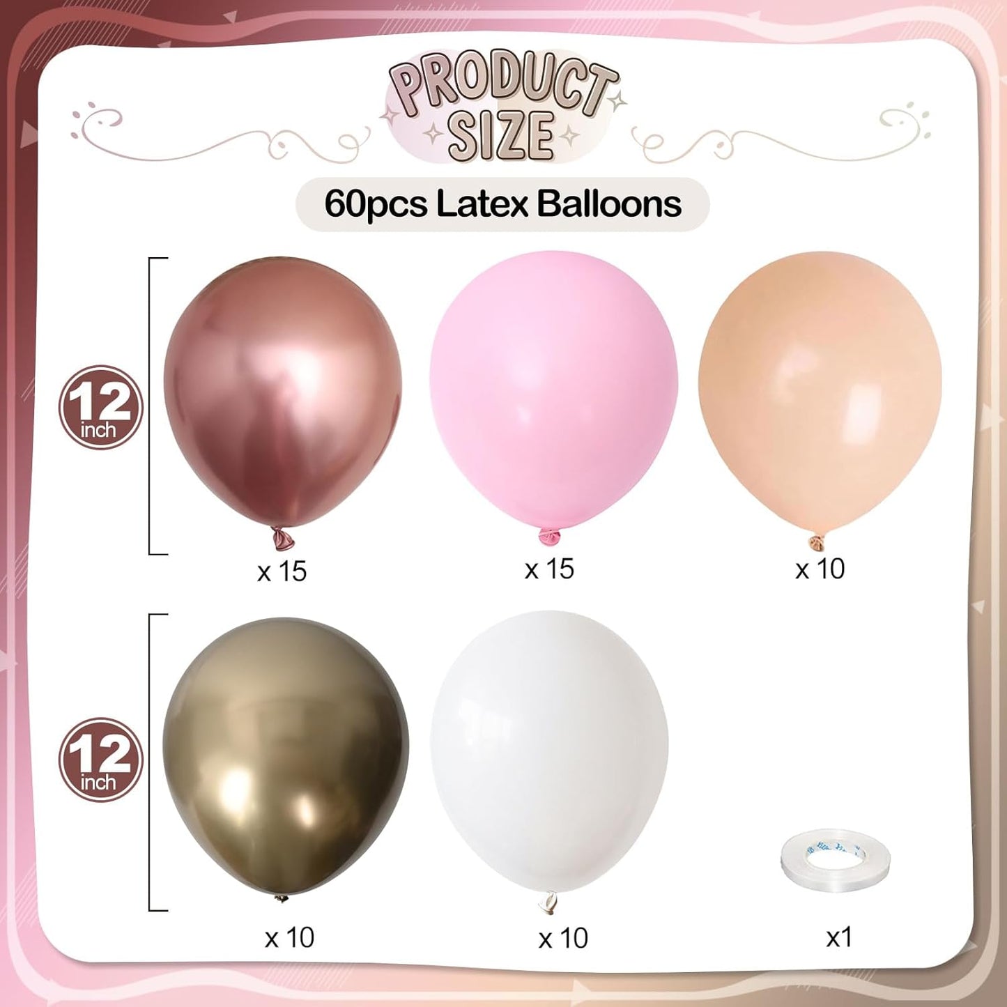 Rose Gold Balloons, 60 Pcs 12 Inch Nude Pastel Pink Balloons, Beige Metallic Gold Matte White Balloon for Boho Wedding Bridal Shower Princess Party Girls Women Birthday Baby Shower Decoration Supplies