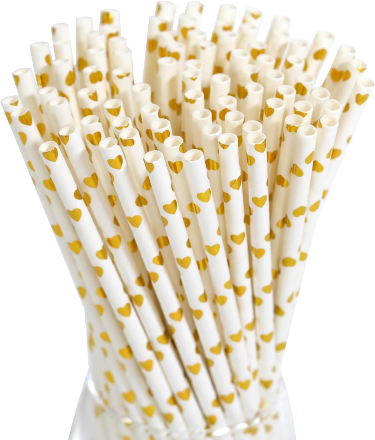 Gold Paper Straws - Biodegradable Disposable Drinking Straws for Party, Birthday, Wedding, Celebrations, Gold Foil Heart, 7.75 Inch 100 Bulk Straws