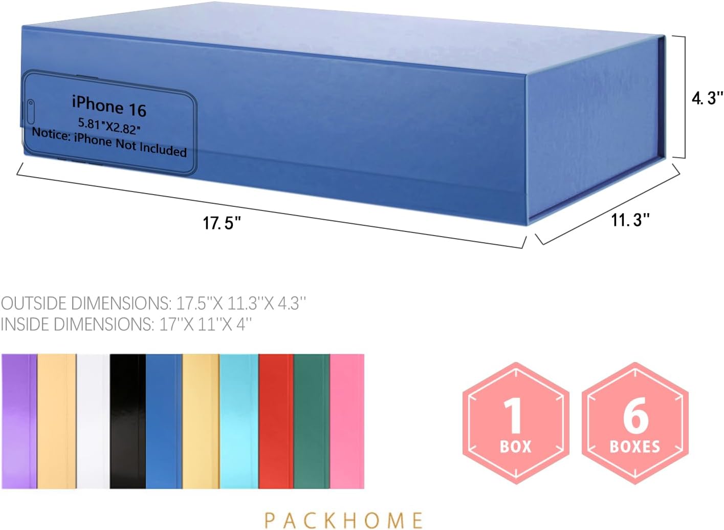 PACKHOME Extra Large Gift Box 17.5x11.3x4.3 Inches, Sturdy Shirt Box with Magnetic Lid for Clothes and Large Gifts (Glossy Blue)