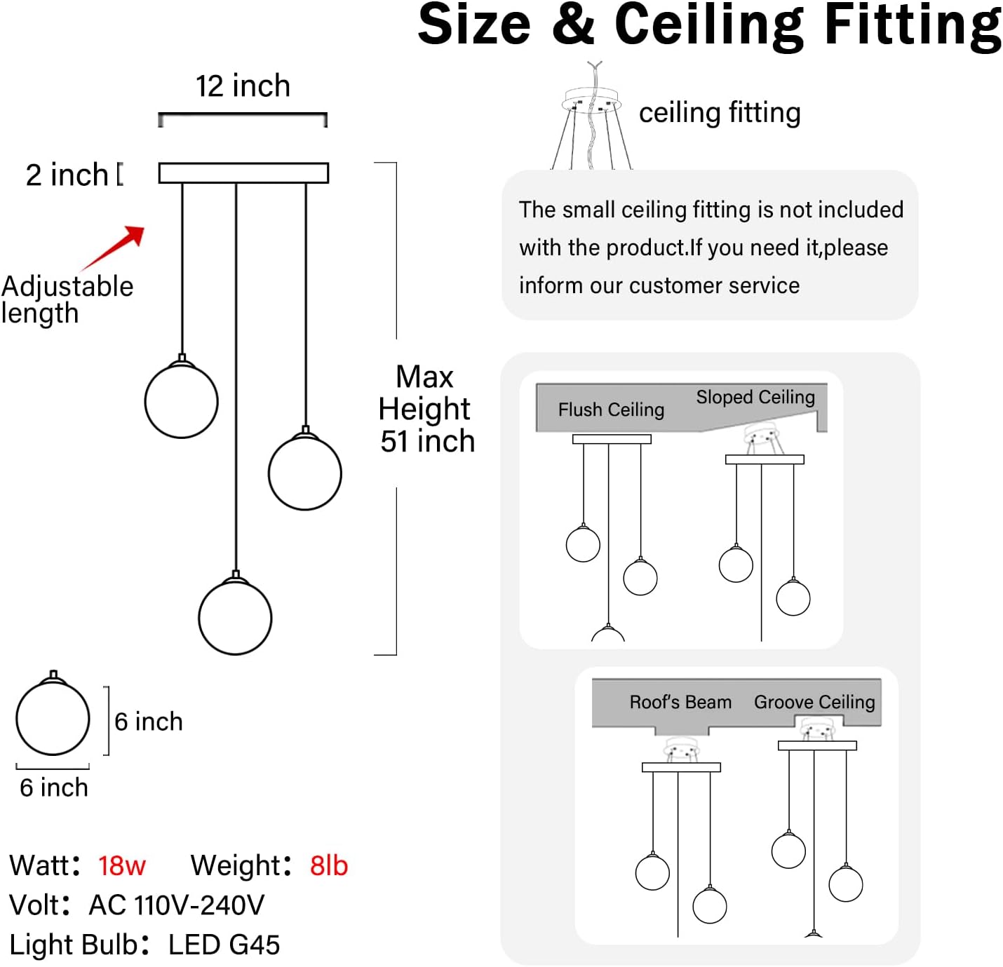 3-Lights Globe Glass Pendant Light Modern White Globe Glass Chandelier Mid Century Chandelier Black Hanging Fixture for Kitchen Island Foyer Hallway Dining Room