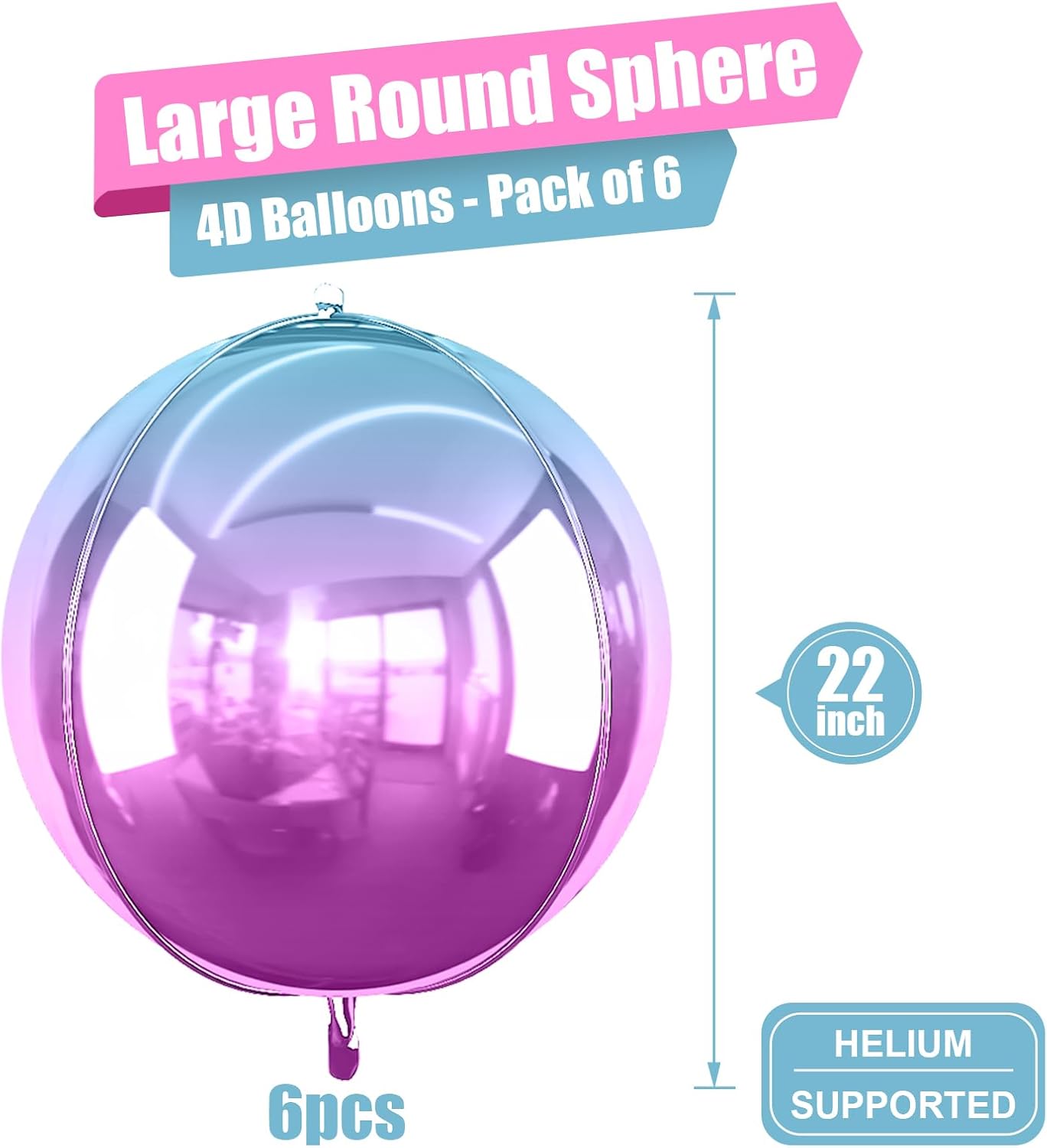 6Pcs Gradient Purple Round Foil Balloons, 22" Large Helium Ball Mylar Balloon, Metallic Purple Foil Balloon for Birthday Graduation Wedding Anniversary Bachelorette Disco Prom Party Decorations