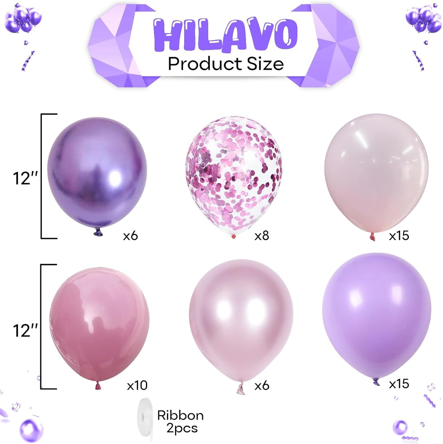Pink and Purple Balloon, 60Pcs 12 Inch Pastel Macaron Hot Pink Light Pastel Purple Latex Balloon with Metallic Balloons Confetti Balloons for Women Birthday Bridal Baby Shower Wedding Party Decoration