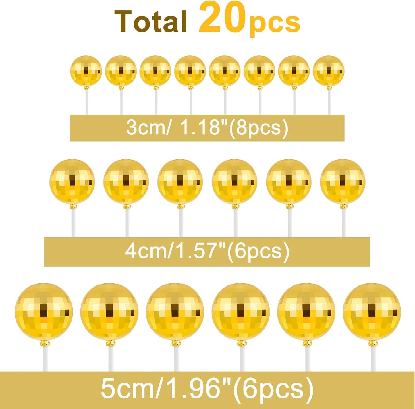 ASTARON 20 Pcs Disco Ball Cake Topper Decorations Sticks Gold Cake Balls Picks Toppers for Birthday Anniversary Disco Retired Theme Party Decorations
