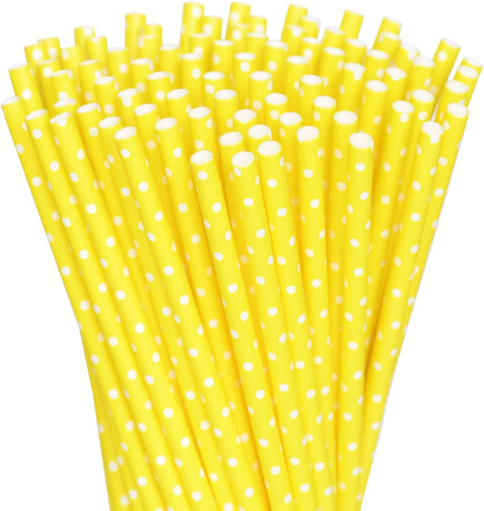 GLUJASBIO Cute Paper Straws Drinking - Pastel Yellow White Dots Paper Straws Bulk for Party, Baby Shower, Dessert Shop, Restaurants, 7.75" x 0.24"