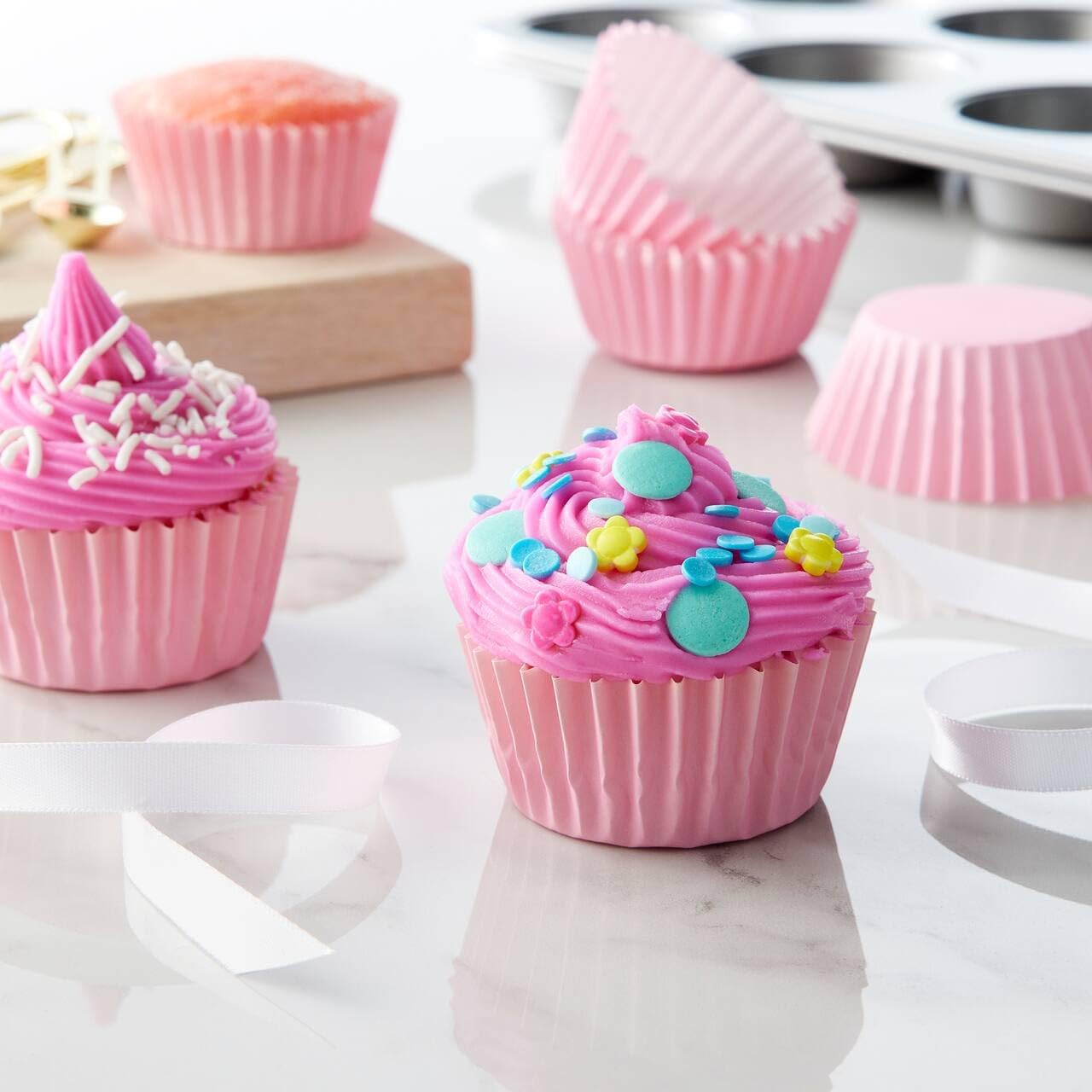 Caperci Grease-Resistant Standard Pink Cupcake Liners 150 Counts - Heavy Duty Paper Muffin Baking Cups, Odorless, No Muffin Pan Needed, Easily Peels (Pink)