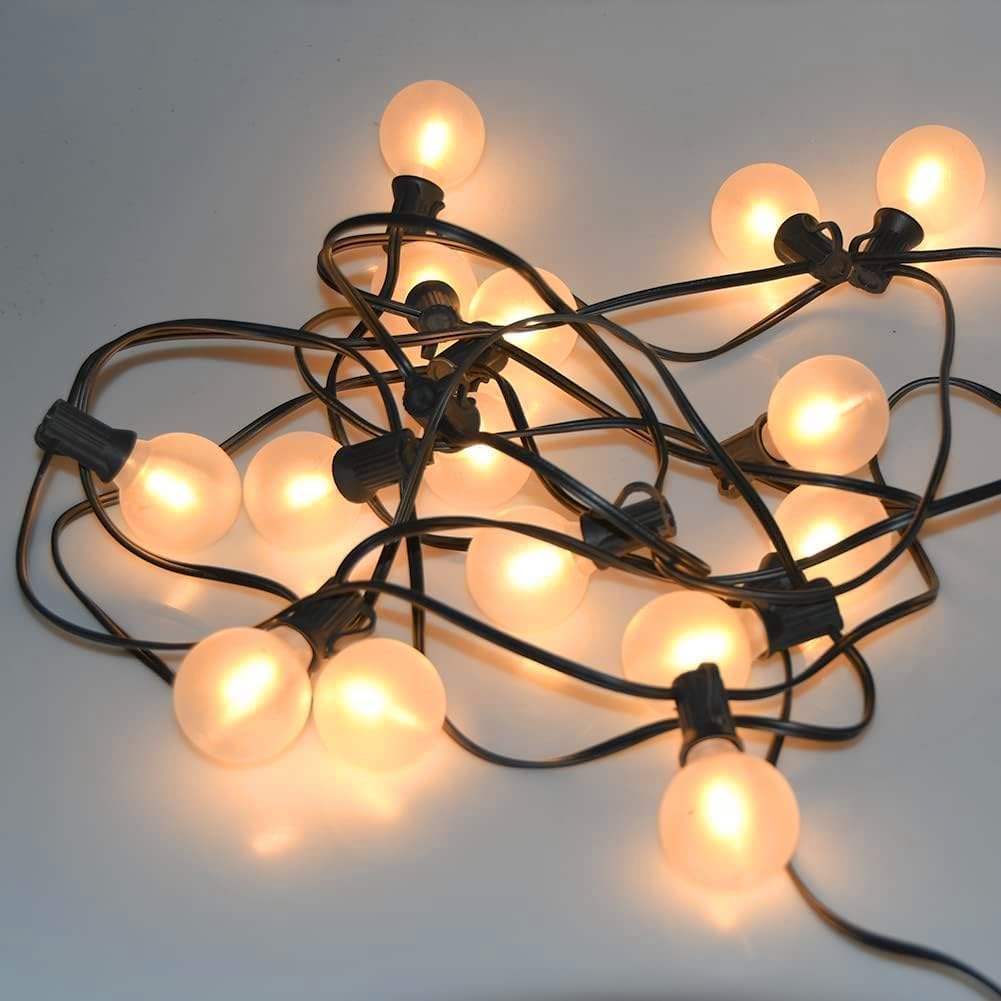 SUNSGNE 25Ft Outdoor Patio String Lights G40 with 27 Frosted White Globe Bulbs, Waterproof Connectable Hanging String Lights for Backyard Porch Balcony Party Christmas Decor, 5 Watt, Black Wire