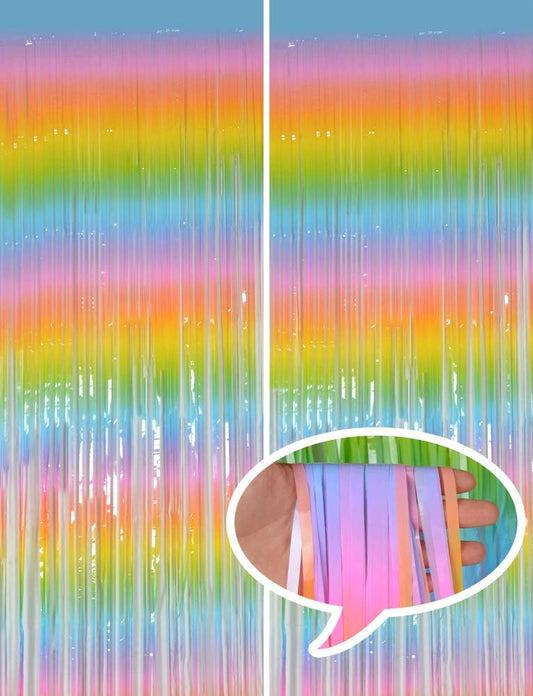 Melsan 2 Pack 3.2 ft x 8.2 ft Pastel Tinsel Foil Fringe Curtains Backdrop, Metallic Rainbow Foil Curtains for Easter Party Decorations Party Photo Booth Props Decoration (Rainbow)