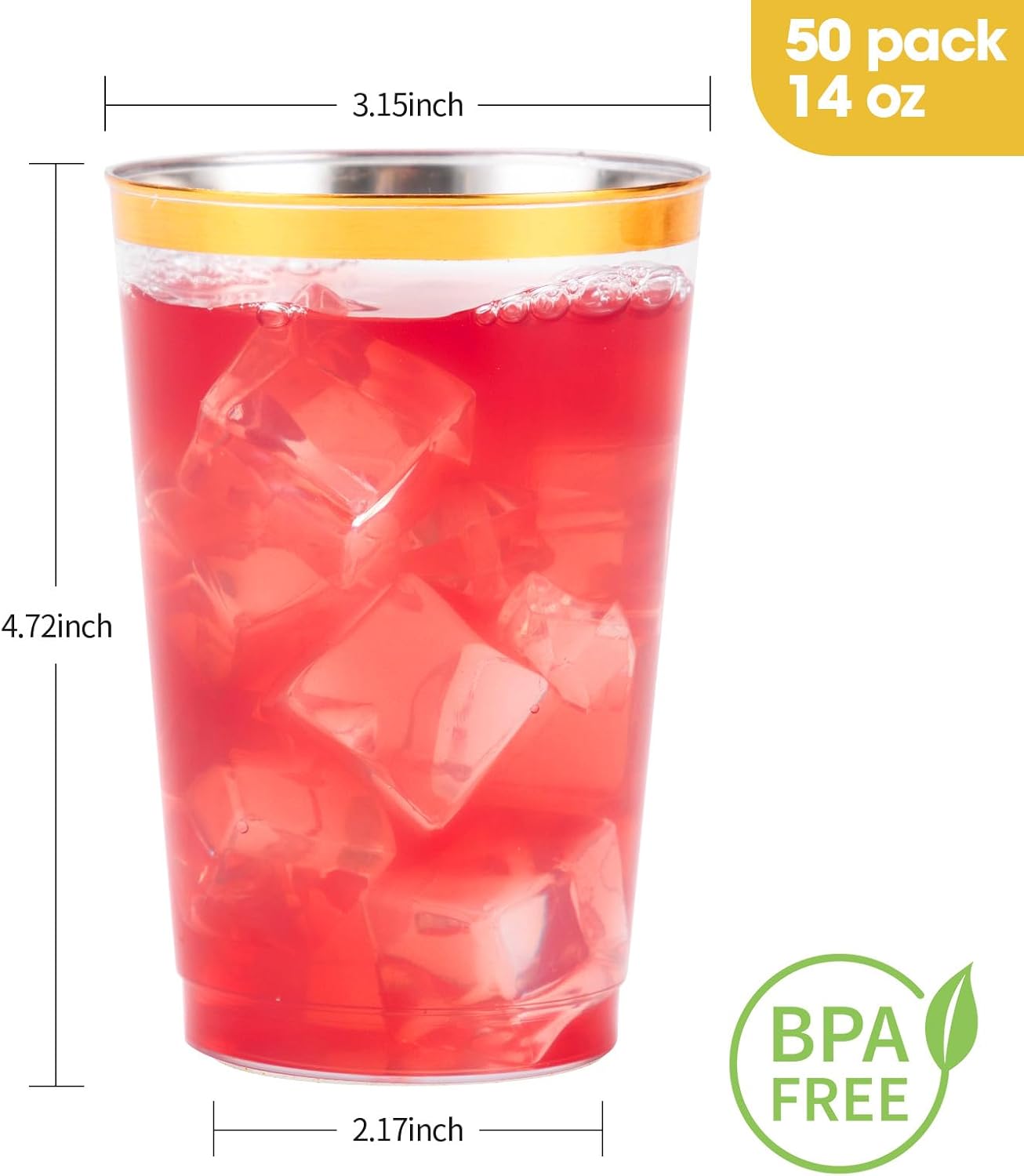 Goodluck 50PCS 14oz Gold Plastic Cups for Party, Disposable Gold Rim Cups, Plastic Cocktail Glasses for Wedding Thanksgiving, Christmas, and Parties