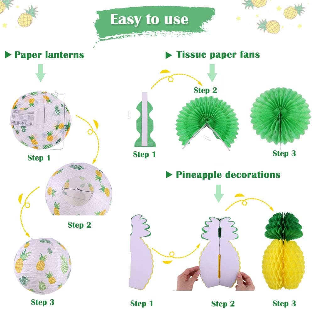 Pineapple Party Decorations Hanging Paper Lanterns Pineapple Honeycomb Tissue Paper Fans for Hawaiian Tropical Birthday Luau Party Decorations Summer Decor (Yellow)