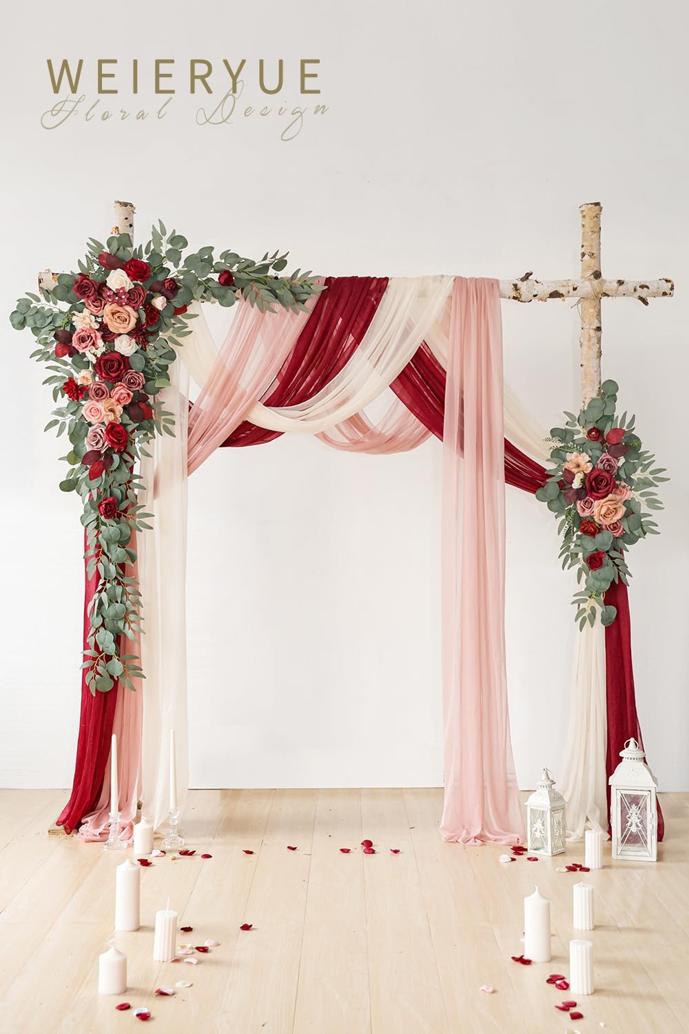 Deluxe Wine Red Artificial Wedding Arch Flowers with Drapes Kit-Pack of 5, 2pcs Flower Arrangements 3pcs Hanging Valance Red Ceremony Arbor Reception Backdrop Rose Floral Decorations.