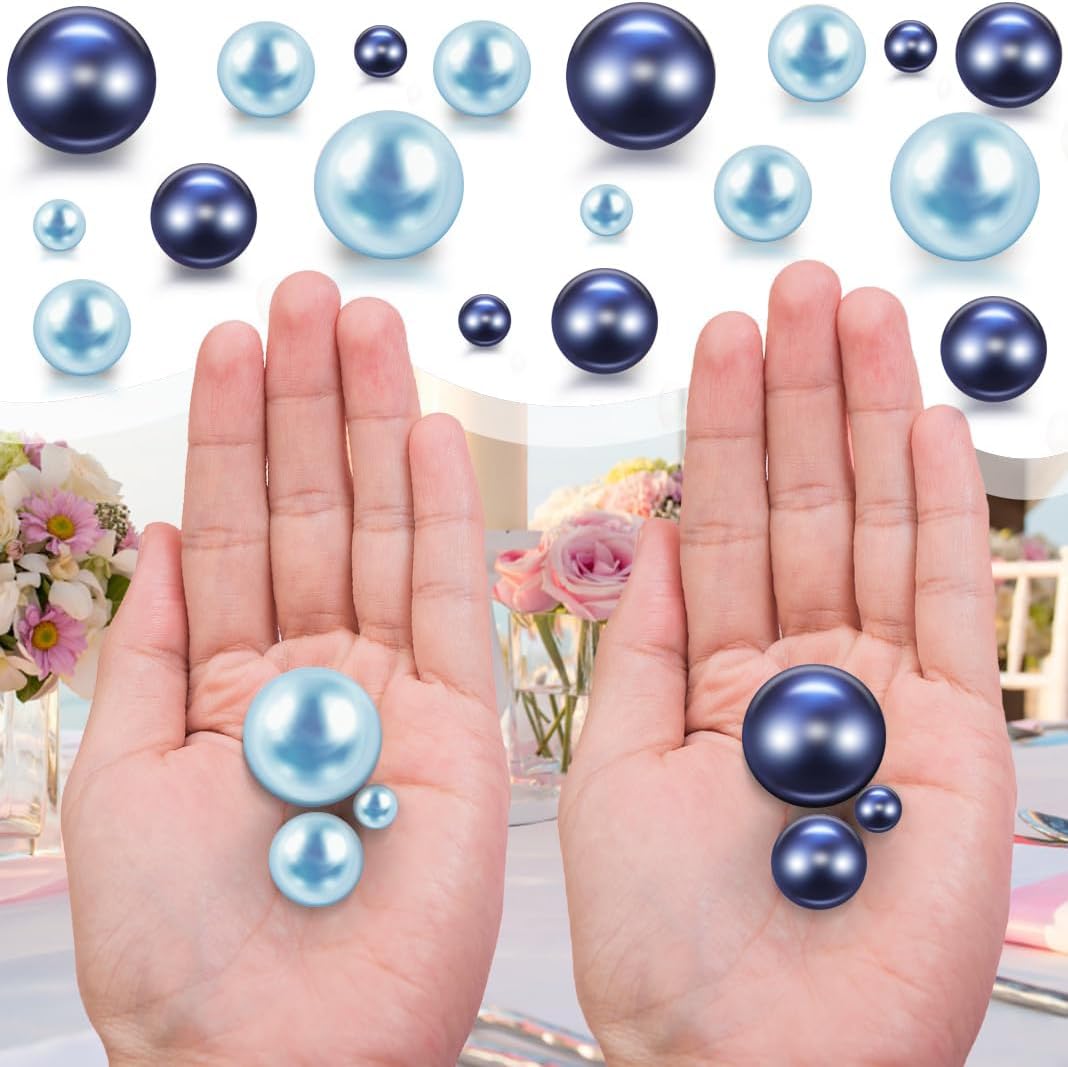 300Pcs Navy & Light Blue Polished No Hole Faux Pearl Beads for Vase Filling Decorations, Plastic Pearls Vase Fillers, Table Scatters, Wedding Centerpiece, Home Decor, 8/14/20 mm