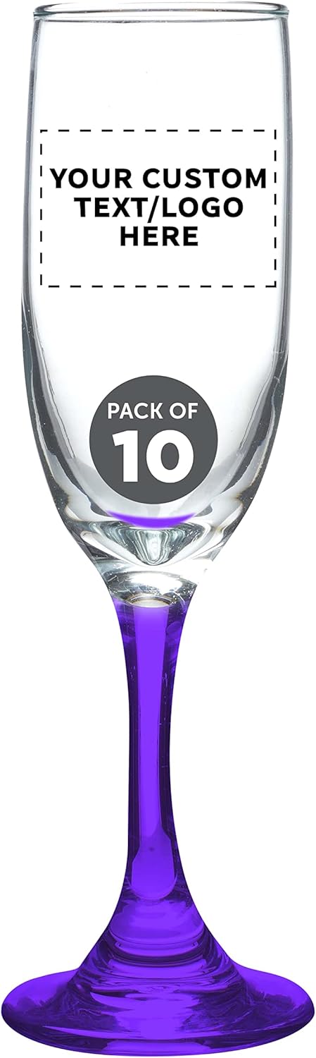 DISCOUNT PROMOS Custom Premiere Champagne Flutes 6.25 oz. Set of 10, Personalized Bulk Pack - Elegant Drinkware for Weddings, Events, & Promotional Gifts - Purple