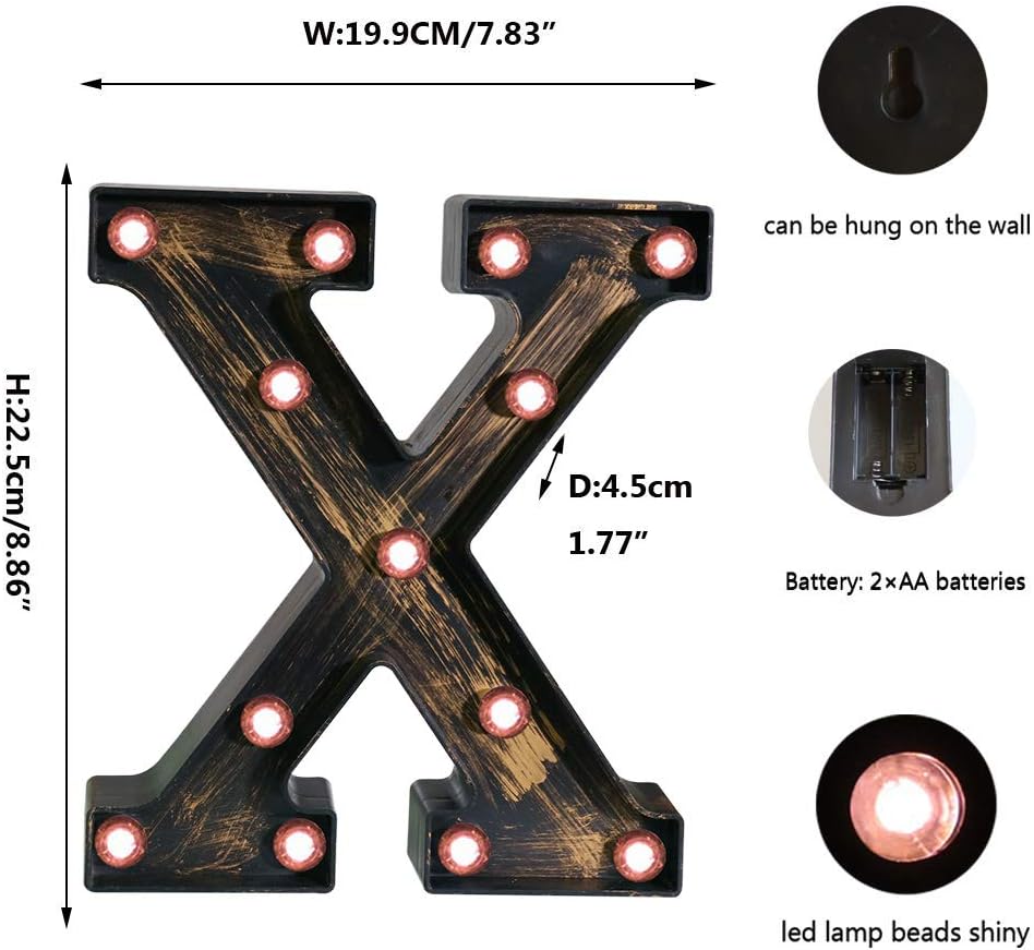 OYCBUZO Golden Black Led Marquee Letter - Industrial, Vintage Style Light Up Alphabet Letter Sign for Cafe Wedding Birthday Party Christmas Lamp Home Bar Initials Decor - X