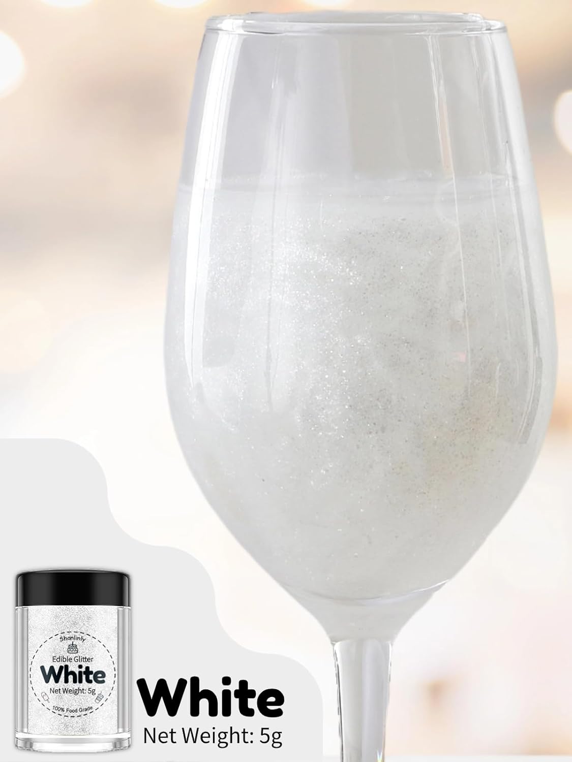 Shanlinly White Edible Glitter for Cakes Drinks - Food Grade 5g Shimmer Luster Glitter Dust Edible Glimmer Powders for Strawberries, Sprinkle on Sparkle, Chocolate, Cookie, Cupcake, Cocktail, Vegan