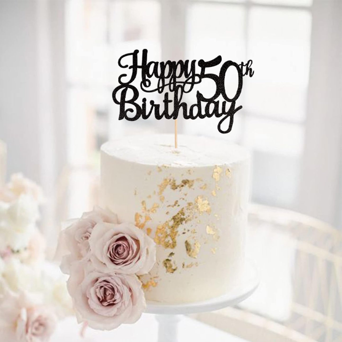 1 PCS Happy 50th Birthday Cake Topper Glitter Cheers to 50 Years Birthday Cake Pick 50 Fabulous Cake Decoration for Happy 50th Birthday Anniversary Party Decorations Supplies Black