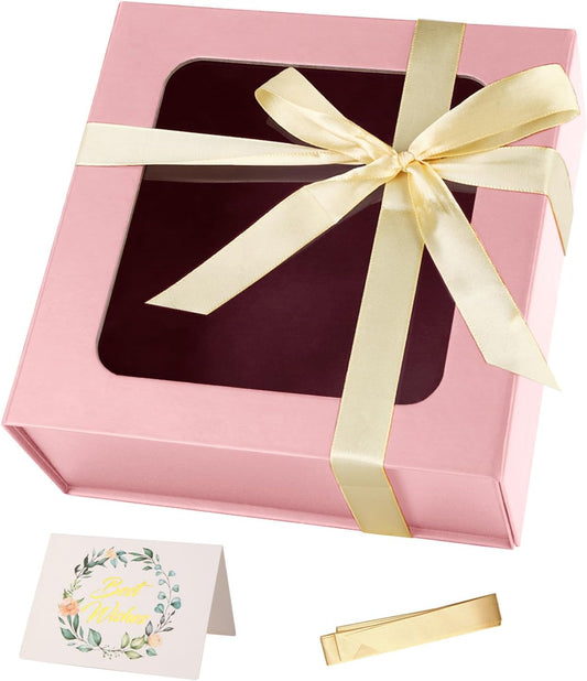 TIACABO Pink Gift Box with Window,7.5"x7.5"x3.1" Bridesmaid Boxe for Gifts Giving,Birthday Gift Boxes with Magnetic,Closure Lid Gifts Boxes for Presents,Cute Box,Luxury for Gift Packaging