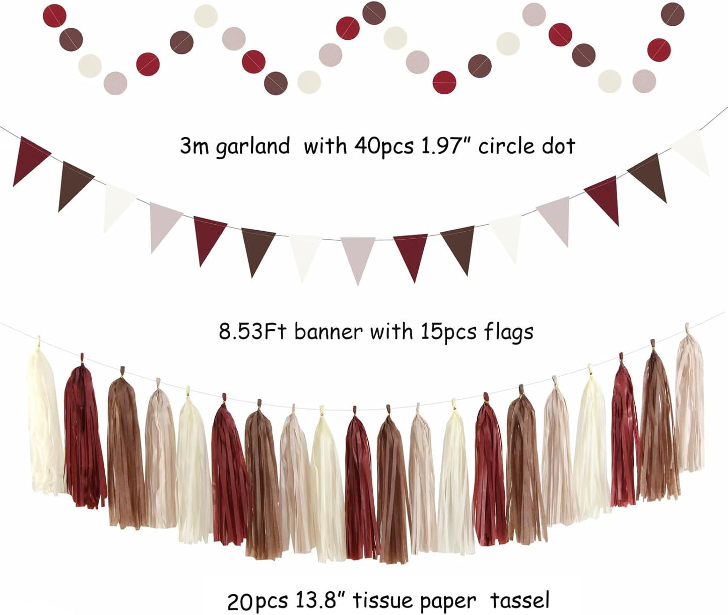 Brown Burgundy Champagne Dusty-Pink Party-Decorations - 33pcs Banner,Streamers Tassel Garland,Fall Boho Baby Shower,Wedding Tissue Pom Poms Honeycomb,Paper Lantern Fan,Birthday,Engagement Hugtmr