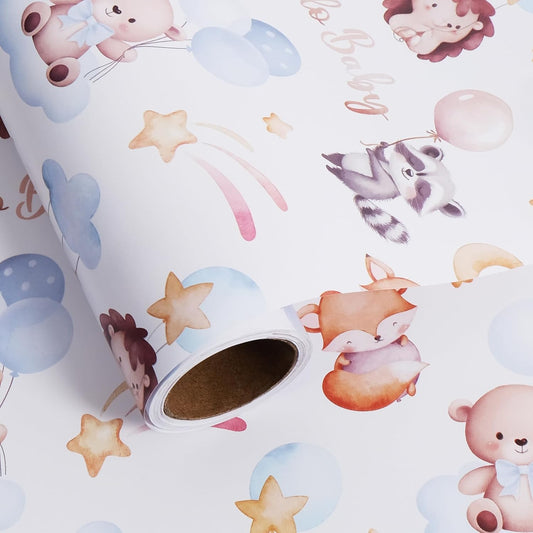 Aimyoo Baby Shower Wrapping Paper Roll - 17 Inch x 16.4 Feet - Cute Animal with Hello Baby Letter Design Perfect for Boys Girls, Birthday, Party