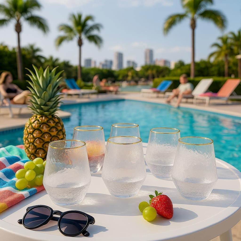 40 count Diamond Unbreakable Stemless Plastic Wine Champagne Whiskey Glasses Elegant Durable Disposable Indoor Outdoor Ideal for Home, Office, Bars, Wedding, 12 Ounce Cups (Hammered Gold Rim)