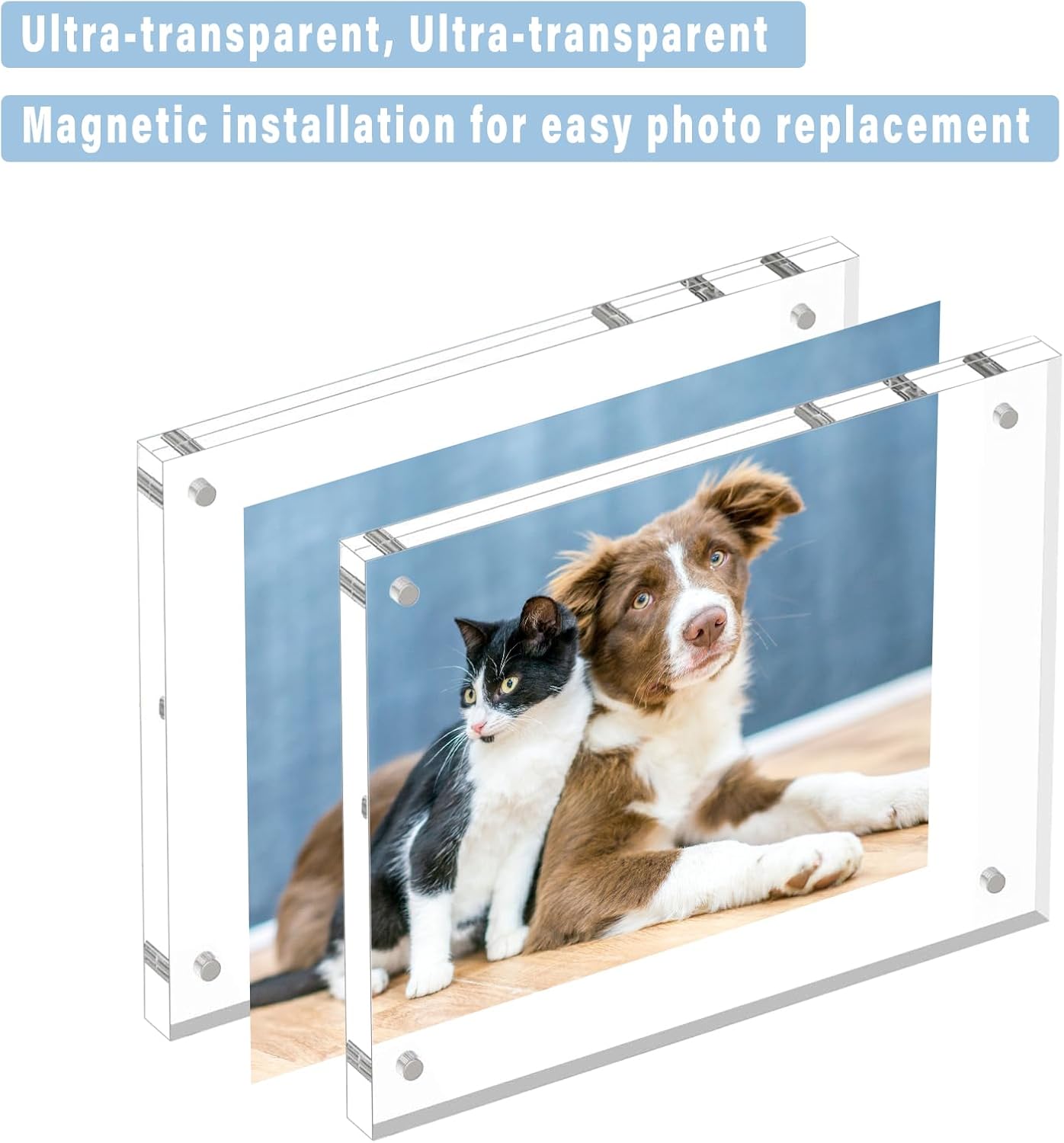 HELPLEX 5 Pack 5x5 Acrylic Picture Frames, 20mm Thicker Frameless Clear Frame Double Sided Magnetic Frame, Free Standing Desktop Display Stand Acrylic Frames
