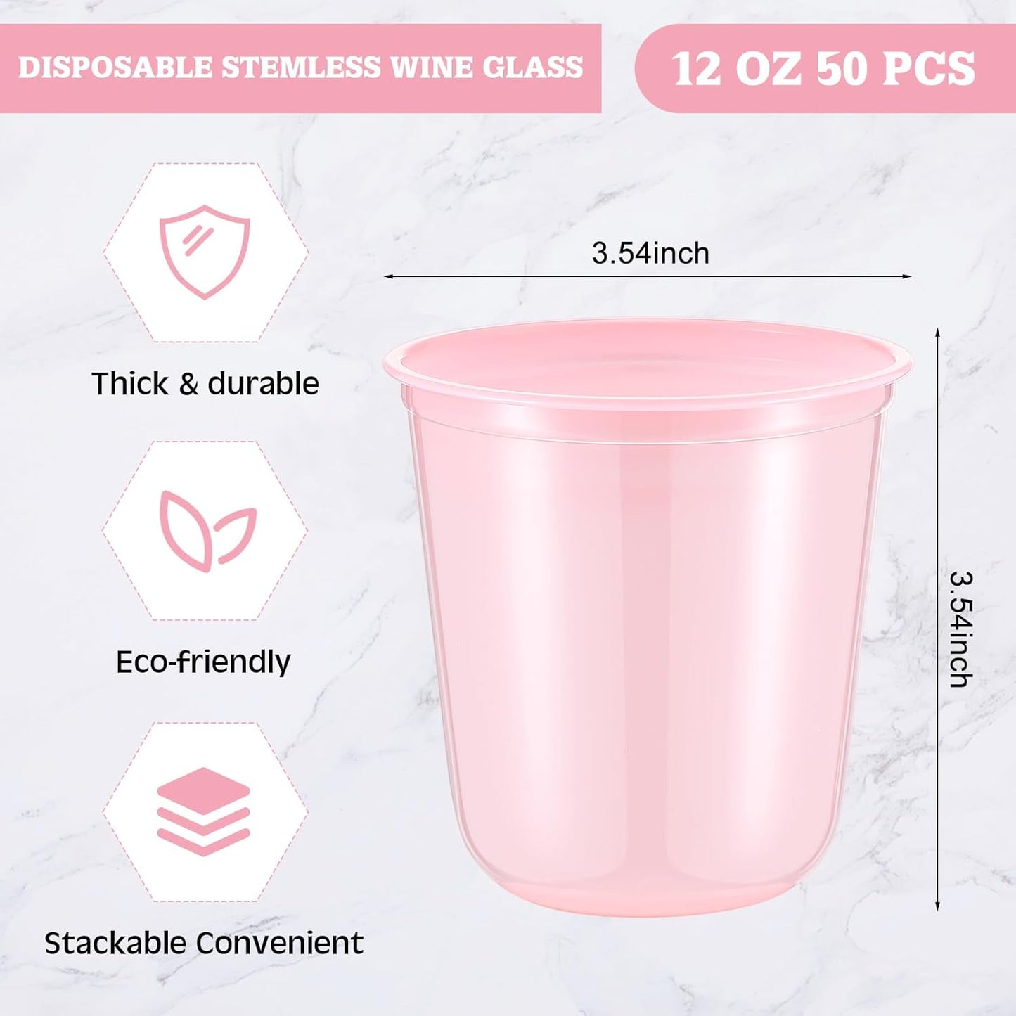 50pcs Disposable Stemless Glasses 12oz Crystal Plastic Wine Glasses Clear Classic Pet Cup for Meeting Weddings Birthdays Cocktail Christmas Party Supplies (Pure Pink)