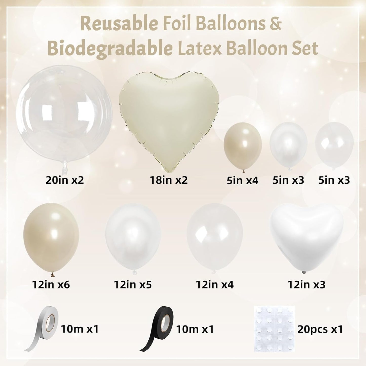 Pearl Balloons Bobo Heart Balloons, 22 18 12 In Pearl White Sand Cream Clear Balloon Bubbles Birthday Decorations for Bride Women, Pearlescent Ivory Beige Heart Shape Foil Balloon for Wedding Baptism