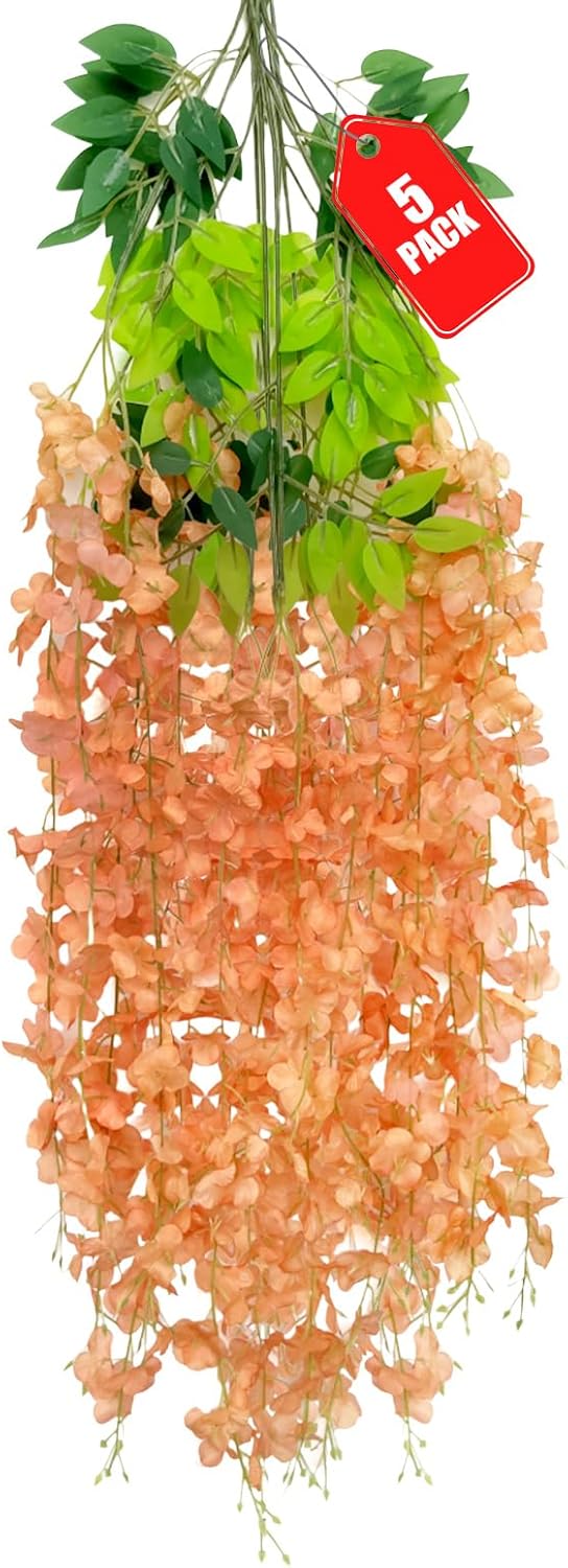 5 Pack Orange Wisteria Hanging Flowers, 3.44 Ft Fake Hanging Flowers, Artificial Wisteria Garland Vines for Wedding Room Backdrop Outdoor Patio Garden Decoration