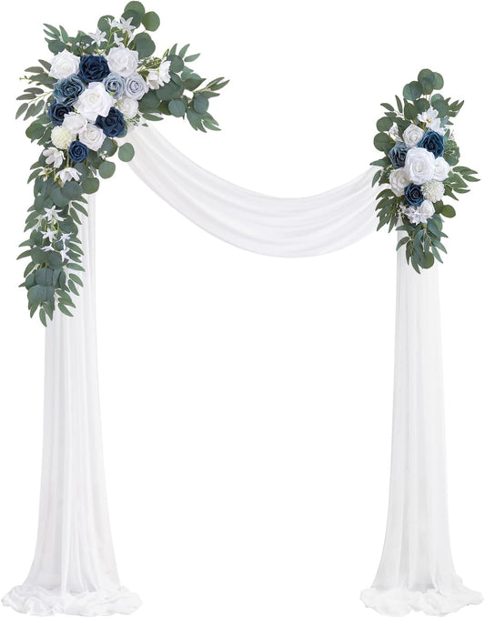 Dusty Blue Artificial Wedding Arch Flowers Kit (Pack of 3) with 26Ft White Shiny Arch Draping Fabric for DIY Wedding Party Ceremony Reception Backdrop Floral Decoration