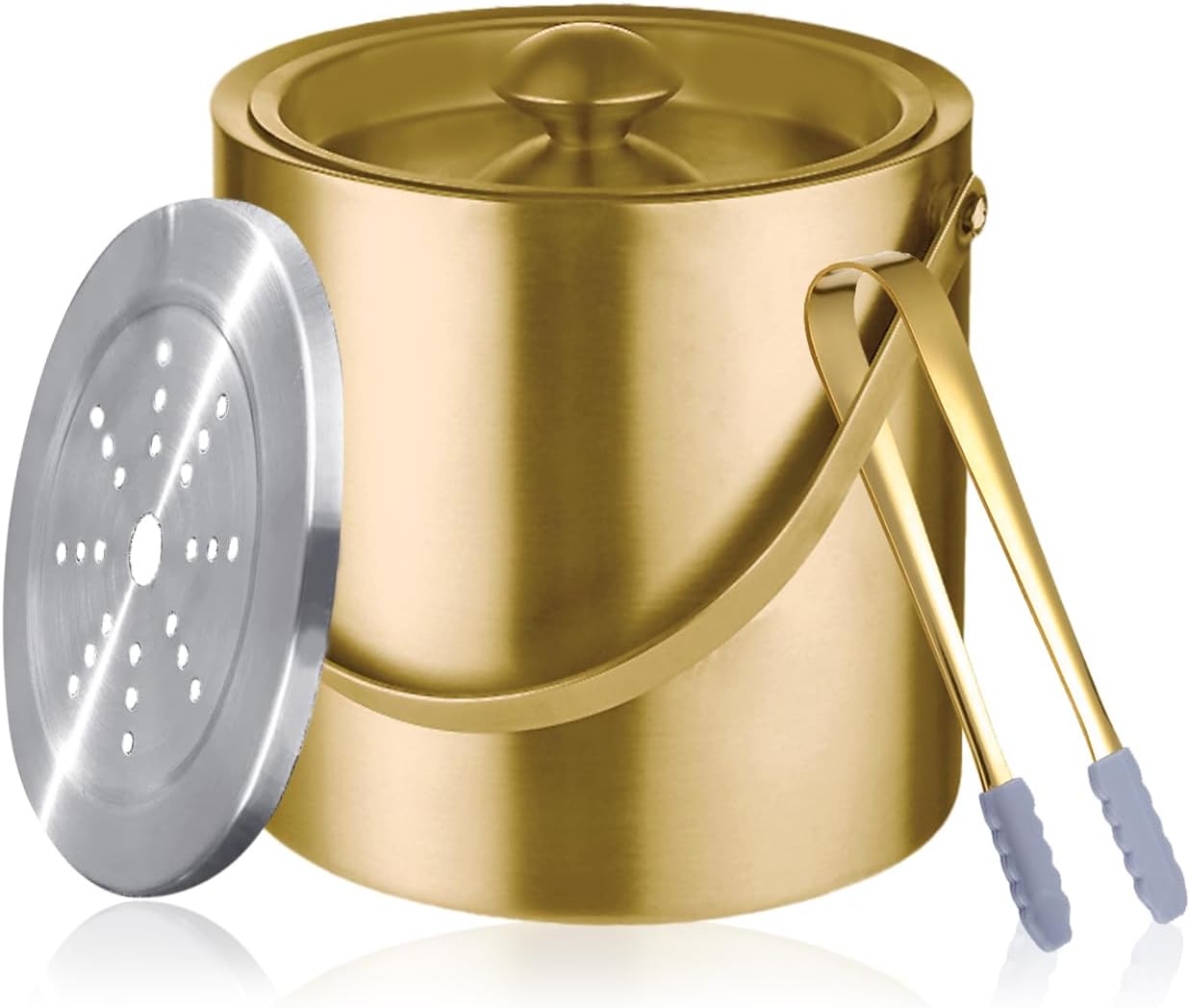 Gold Ice Bucket with Lid, Handle and Tong Insulated Stainless Steel Champagne Bucket 3L Wine Bucket for Party Bar Cart Accessories Large Double Wall Bucket Keep Frozen