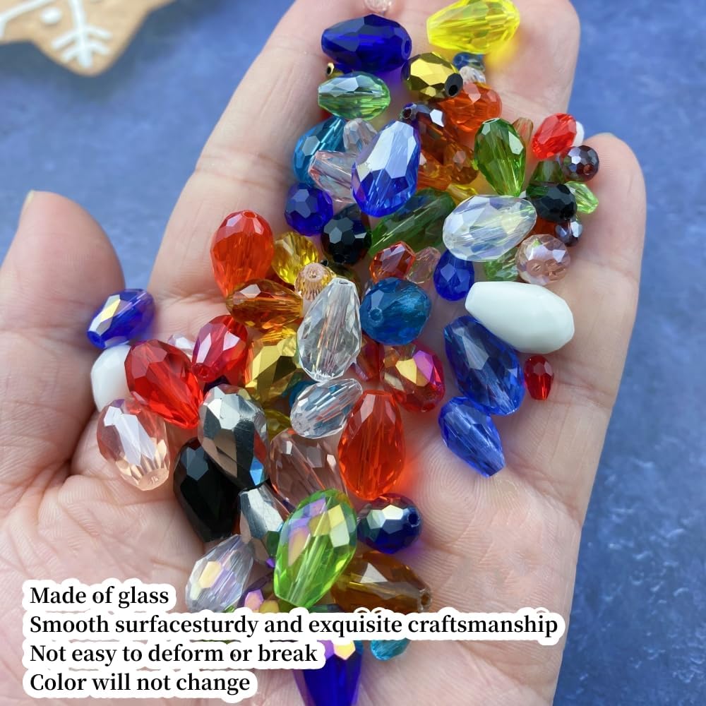 100pcs 8x12mm Teardrop Crystal Glass Beads Vertical Hole Faceted Glass Teardrop Spacer Beads for Bracelets Necklace Earring DIY Jewelry Making Craft(Lake Blue)