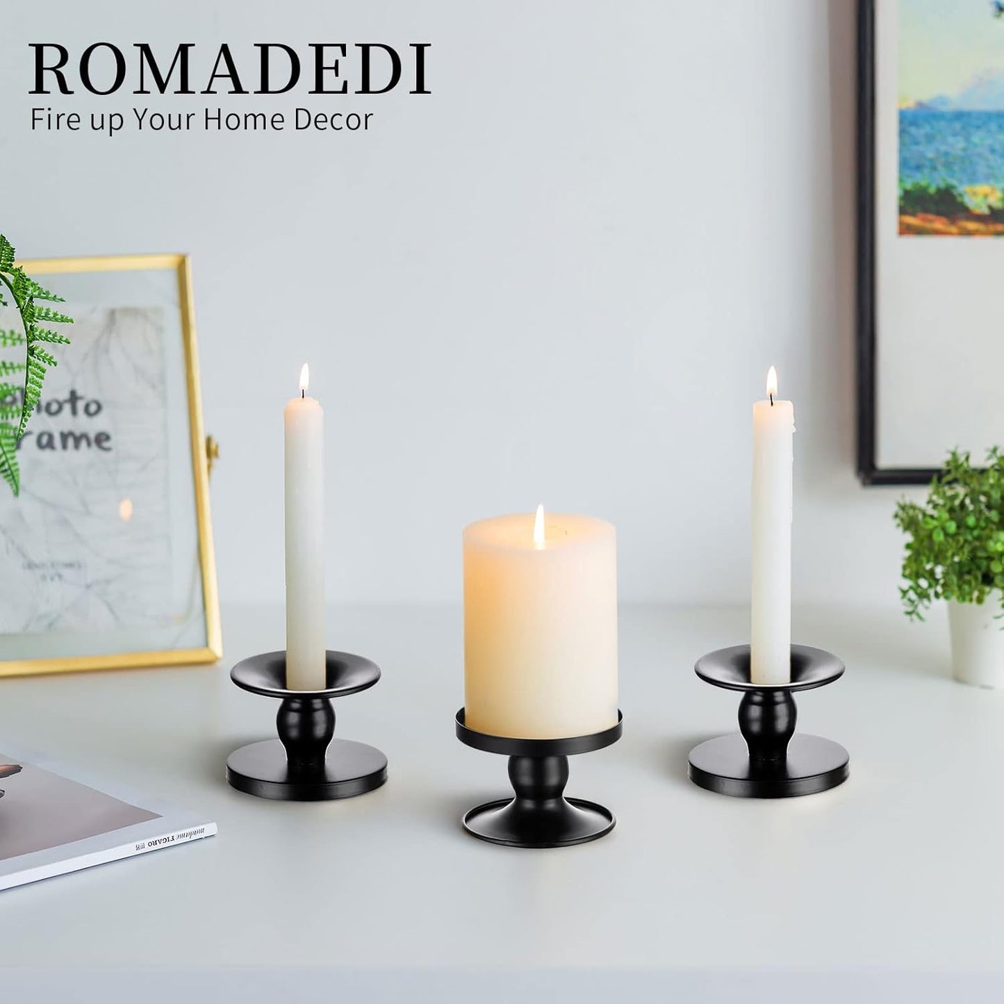 Romadedi Candle Holders for Pillar Candles, Black Pillar & Taper Candle Holder, Small Metal Candle Stick Candle Holder for Wedding, Dining Room Table Centerpiece, Holiday Decor, 4 Pcs