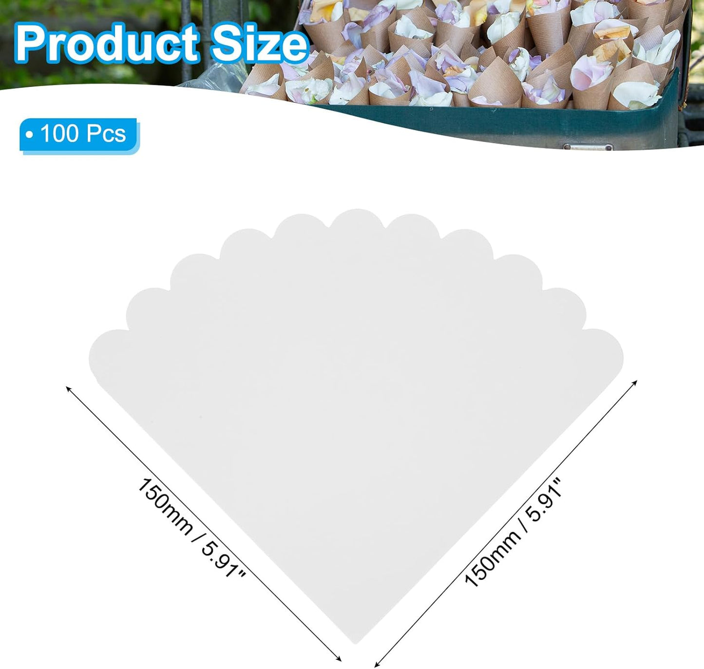 PATIKIL Wedding Confetti Cones, 100 Pcs Paper Tapers Hollow Print Wave Cone Bouquet for Party Candy Gift Boxes Chocolate Bags Buffet Bachelor Party Petals, White
