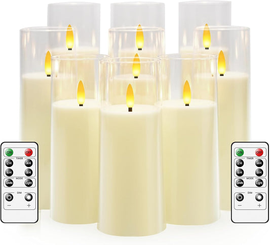 Flickering Flameless Candles Battery Operated with Remote and 2/4/6/8 H Timer Plexiglass Led Pillar Candles Pack of 9 (D2.3"xH 6"7"8")with Realistic Moving Wick Candles for Home Decor(Ivory)