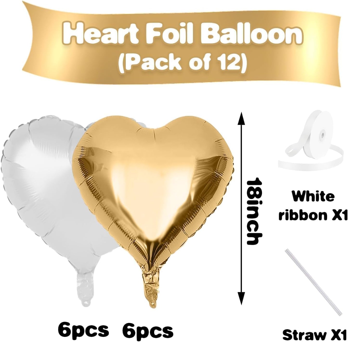 Gold White Heart Balloons,12Pcs 18 Inch Metallic Gold Cream Foil Love Heart Shaped Balloons for Birthday Party Wedding Engagement Anniversary Graduation Baby Shower Valentines Day Decorations