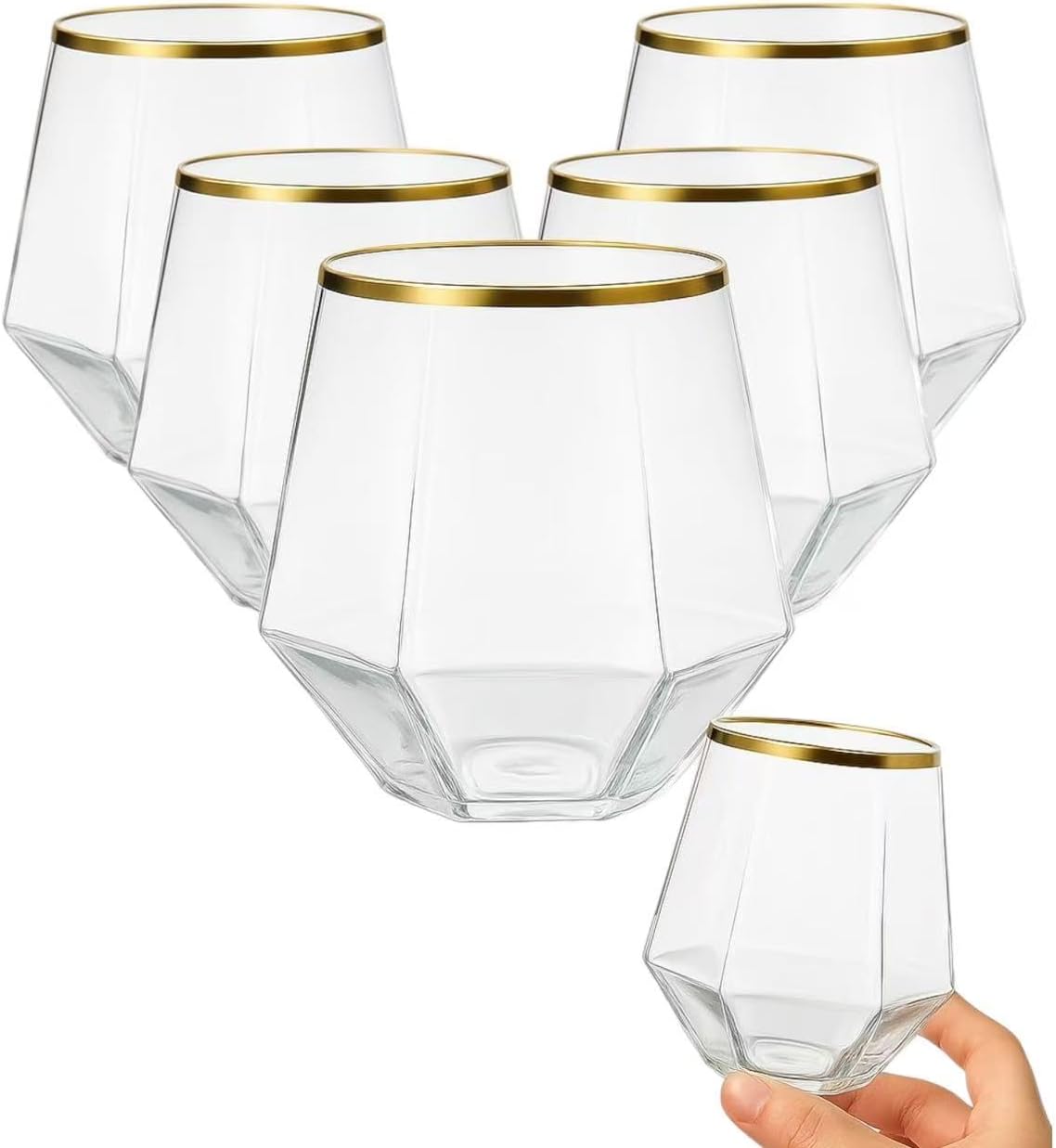 48 Pack Diamond Gold Rim Unbreakable Stemless Plastic Glasses 24 9oz Stemless Champagne Flutes & 24 12oz Cups BPA-Free, Disposable, Shatterproof Drinkware for Weddings, Bars, Events and parties