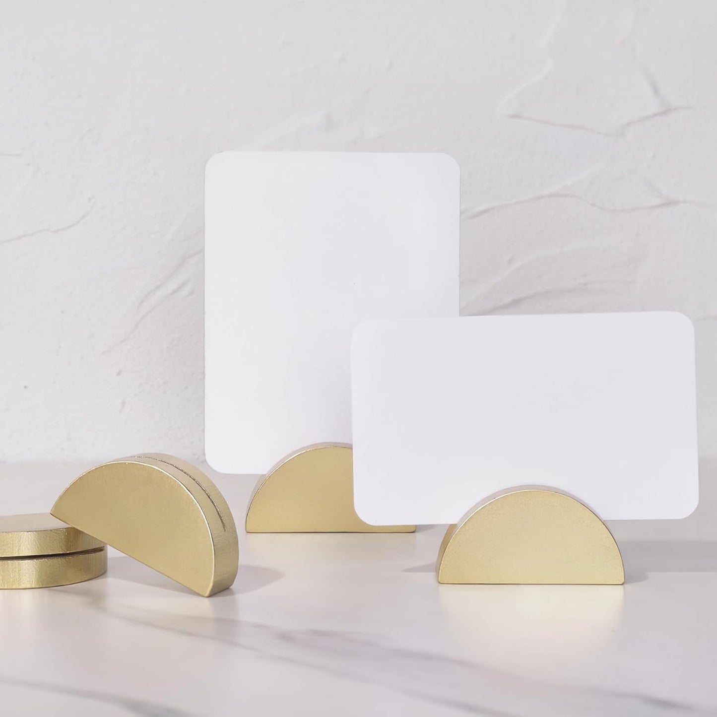 UNIQOOO 10 Set 2" Arch Gold Birch Wood Stand with Cards |1.2mm Slot, for Name Cards, Place Card Holder, Photo Display Stand | for Event Decor, Retail Shop, Cafe Restaurant Menu, Business Card, Name Tag