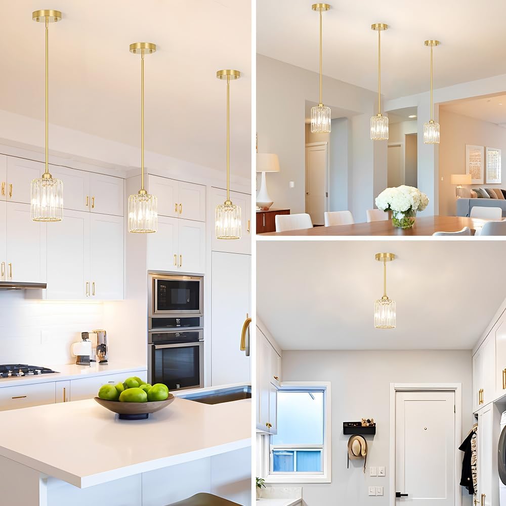 Gold Kitchen Pendant Lights Over Island with Adjustable Rods - Crystal Pendant Lighting Fixtures 3 Pack, Ideal Over Dining Table or Bar, E26 Bulb Compatible, No Electrician Needed