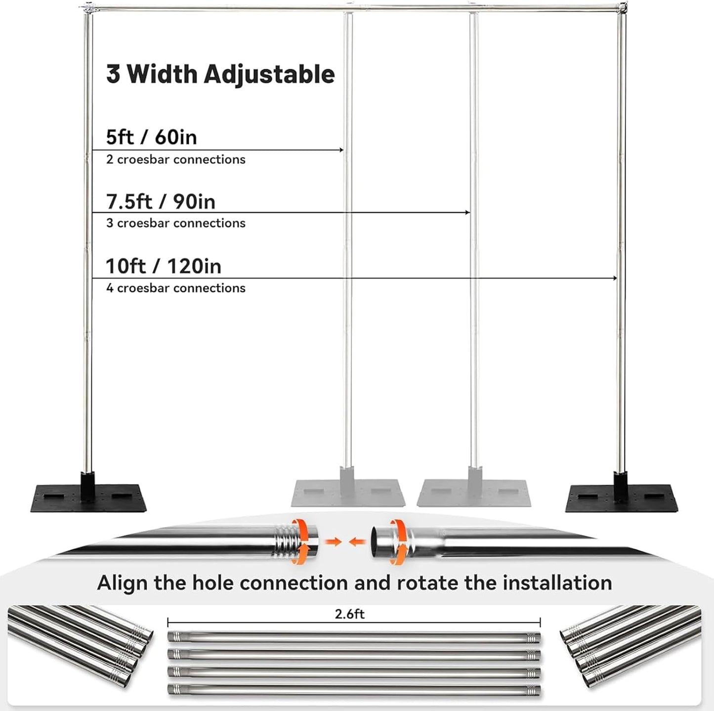 Heavy Duty Pipe and Drape Frame Kit 10x10ft Adjustable Height/Width Photography Background Support Poles All-Metal Construction Backdrop Stand for Party, Birthday, Wedding - Silver