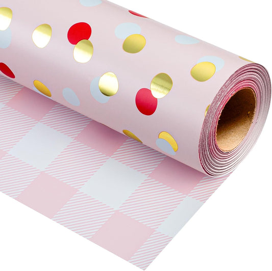 Burymento Red Gold Dots Wrapping Paper, Reversible Pink Lattice Design Gift Wrap for Baby Shower, Birthday, Valentines, Mothers day, Graduation, Wedding, Fathers day, Christmas (17 Inch X 32.8 Feet)