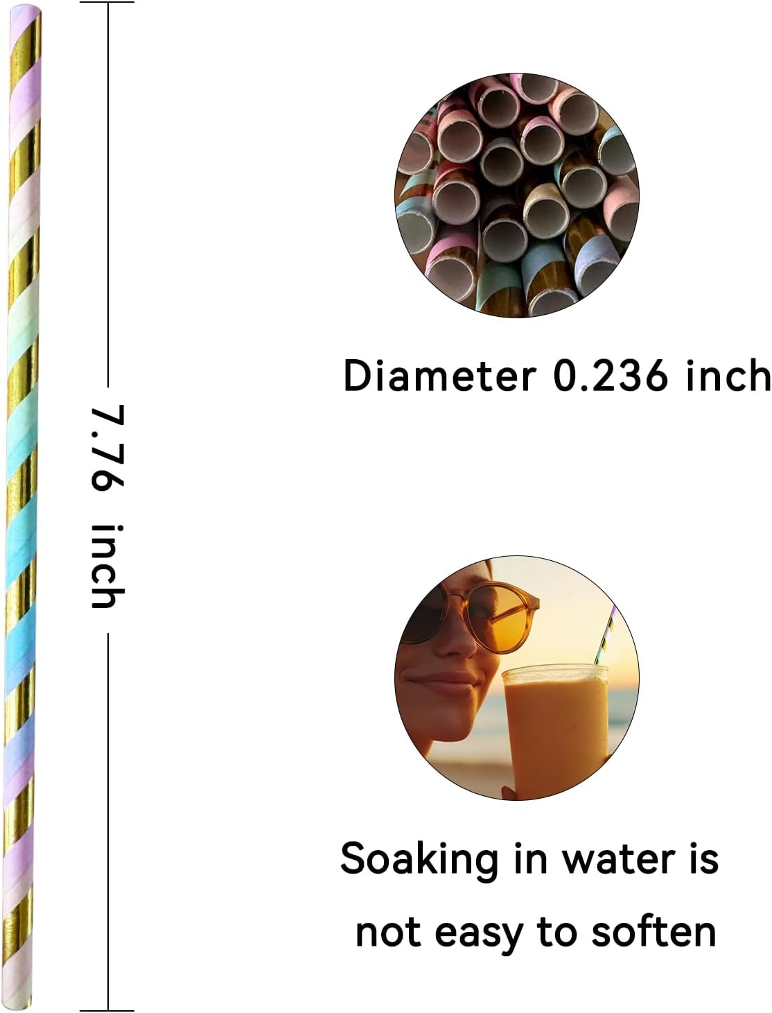 YAOSHENG [100 Pack] Pink & Gold Paper Straws Disposable, 100% Biodegradable Multi-Pattern Party Straws For Birthday, Wedding and Holiday Decoration (Seven Colors)