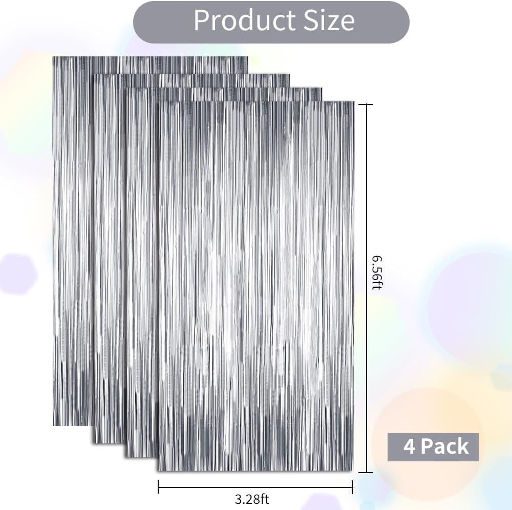 BEISHIDA 4 Pcs Silver Door Streamers Tinsel Curtain Party Streamers Backdrop Fringe Foil Wall Background for Birthday Halloween Christmas Wedding Party Decoration(3.28 ft x 6.56 ft)