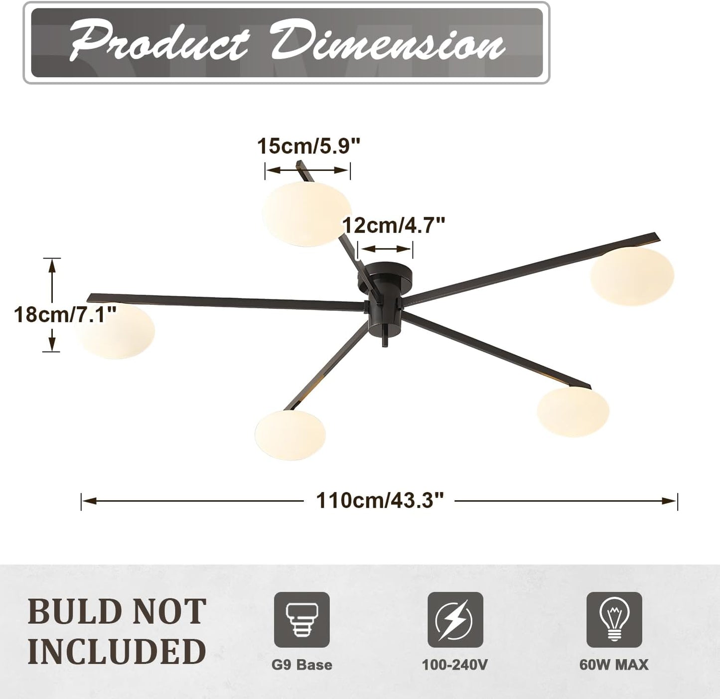 5 Lights Mid Century Modern Black Sputnik Semi Flush Mount Ceiling Light Vintage Glass Close to Ceiling Light Fixtures Industrial Metal Ceiling Chandelier Glass Globe Hall Light MCL05-BK