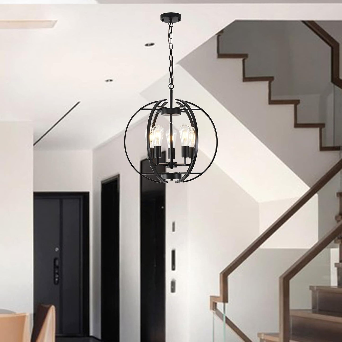 Large Lantern Globe Black Chandelier Lighting, Adjustable Hanging Ceiling Pendant 5 Light for Kitchen, Dining Room, Living Room, Hallway, Bedroom