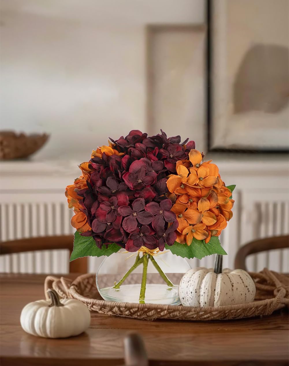 Hollyone Fall Hydrangea Artificial Flowers for Decoration with Glass Vase Dark Red Orange Autumn Silk Faux Flower Arrangements with Faux Water Fake Bouquet Table Centerpiece Fall Decorations for Home